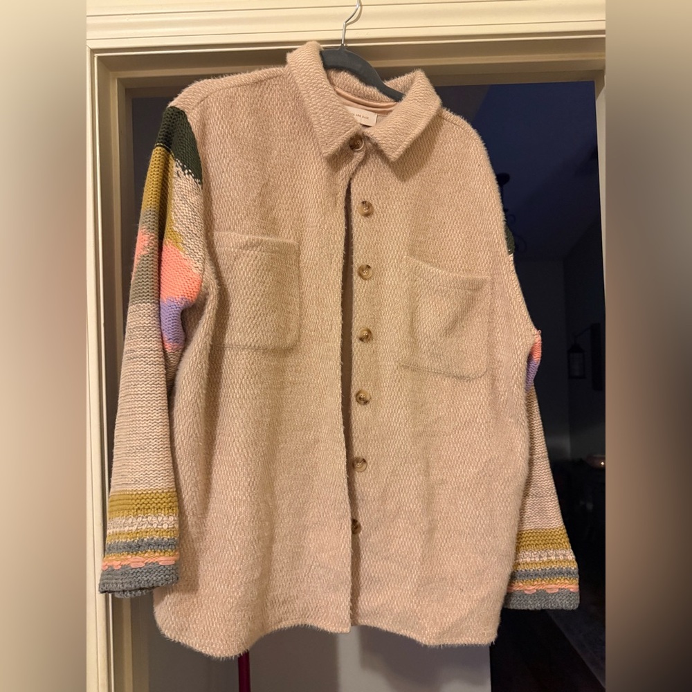 Skies Are Blue Beige Knit Jacket with Multicolor Sleeves